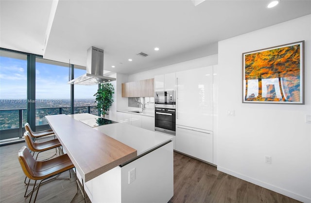 kitchen with white cabinetry, a wall of windows, a kitchen island, island exhaust hood, and black appliances