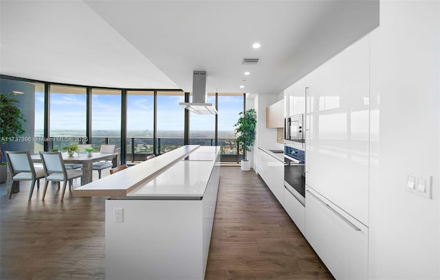 kitchen featuring island range hood, white cabinets, a center island, stainless steel oven, and floor to ceiling windows