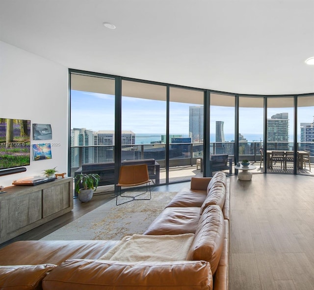 living room featuring a healthy amount of sunlight, hardwood / wood-style floors, and a wall of windows