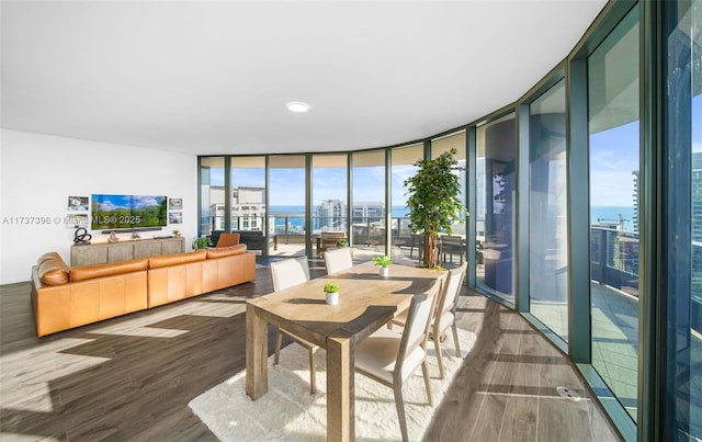 interior space featuring expansive windows, a water view, and hardwood / wood-style flooring