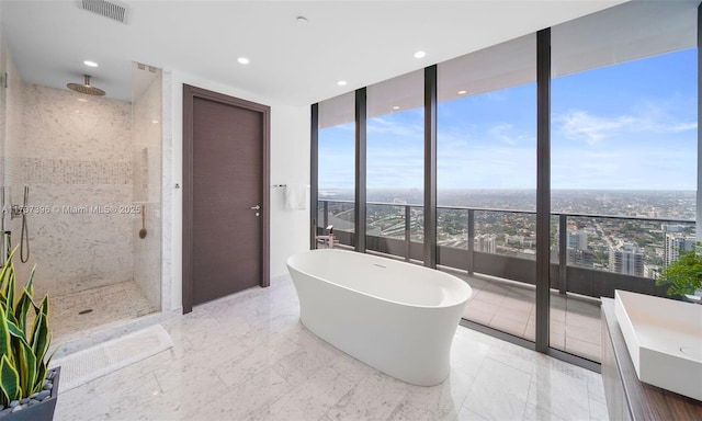 bathroom with shower with separate bathtub and expansive windows