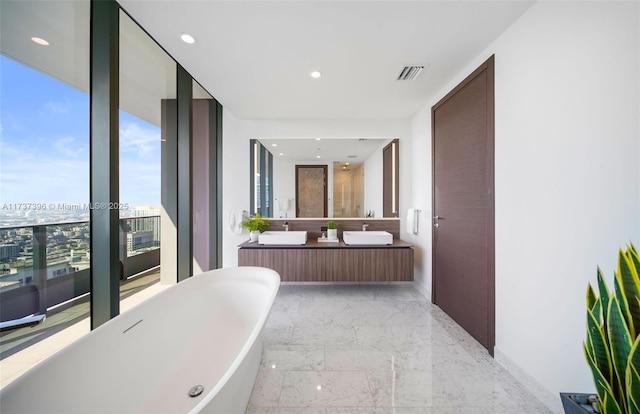 bathroom featuring vanity, a bathtub, and a wall of windows