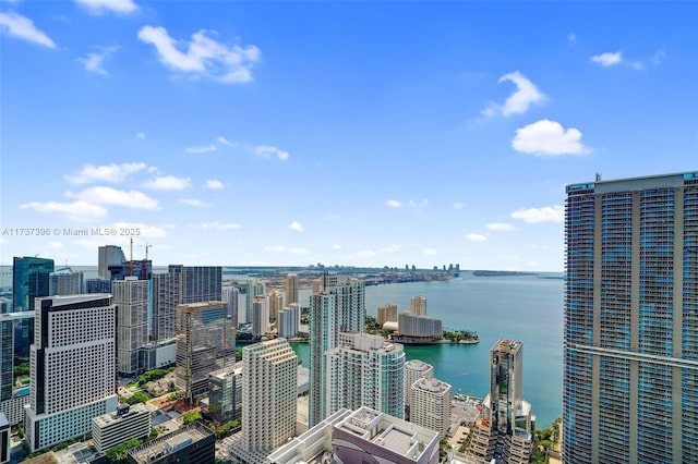 property's view of city featuring a water view