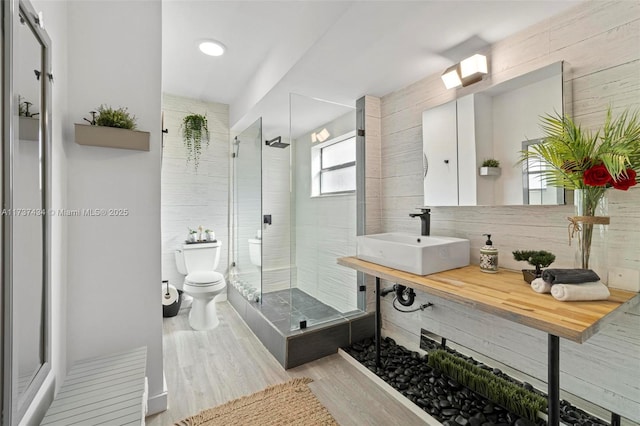 bathroom featuring a shower with door, hardwood / wood-style flooring, sink, and toilet