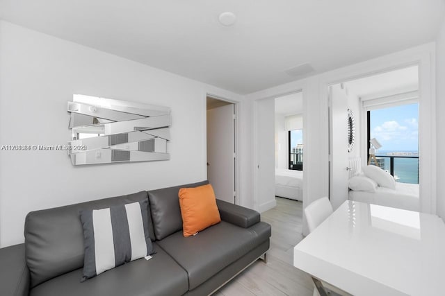 living room featuring a water view and light hardwood / wood-style flooring