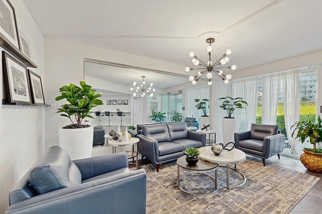 tiled living room with a chandelier and plenty of natural light