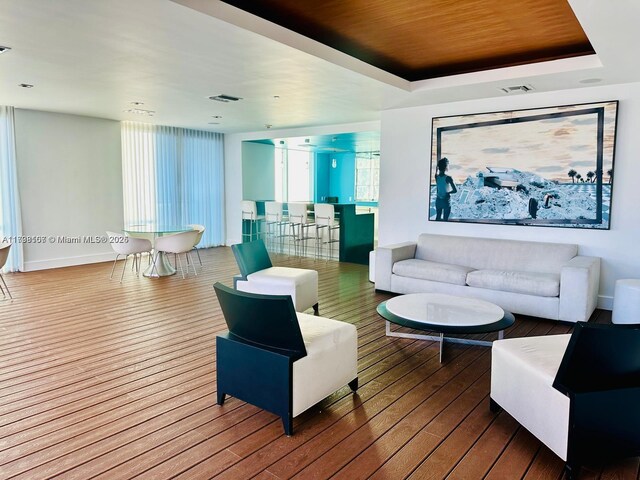 living room featuring a raised ceiling and hardwood / wood-style floors