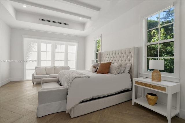 bedroom featuring parquet flooring