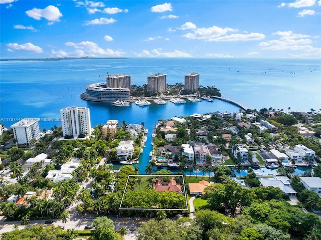 bird's eye view with a water view