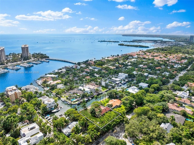 drone / aerial view featuring a water view