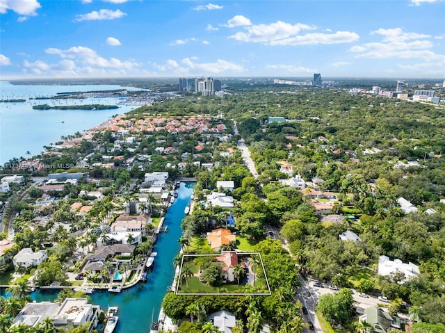 bird's eye view with a water view