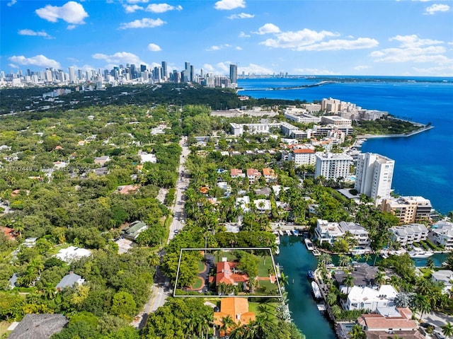 aerial view featuring a water view