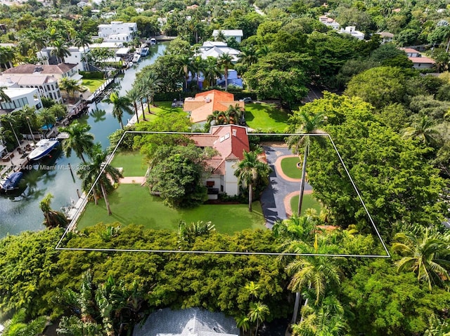 aerial view featuring a water view