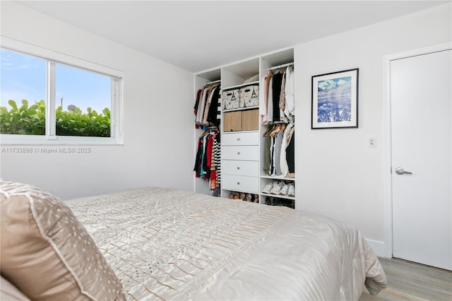 bedroom with a walk in closet, light wood-type flooring, and a closet