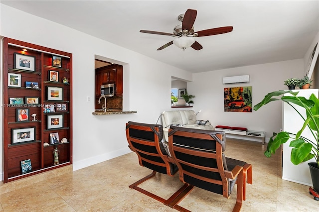 dining area featuring light tile patterned flooring, ceiling fan, a wall mounted air conditioner, and sink