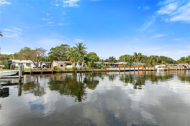 view of water feature with a dock