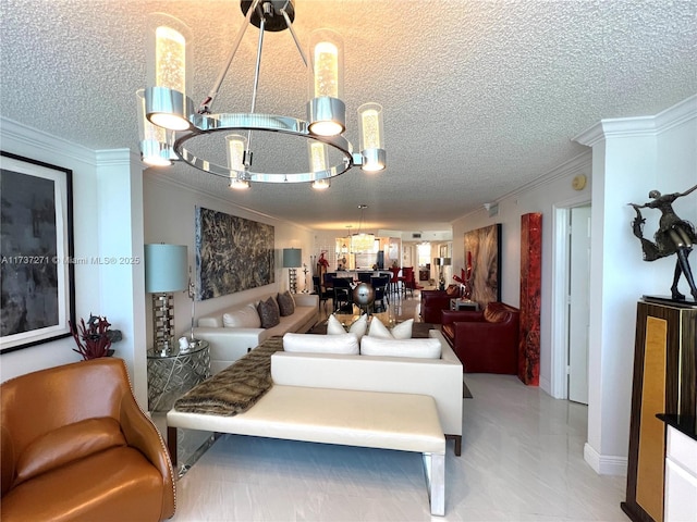 bedroom featuring ornamental molding, a textured ceiling, and an inviting chandelier