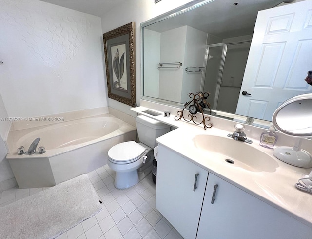 full bathroom with tile patterned flooring, vanity, plus walk in shower, and toilet