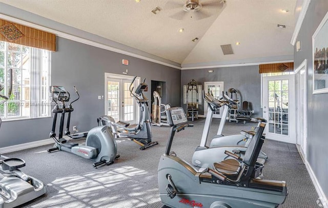 gym featuring ornamental molding, high vaulted ceiling, ceiling fan, and french doors