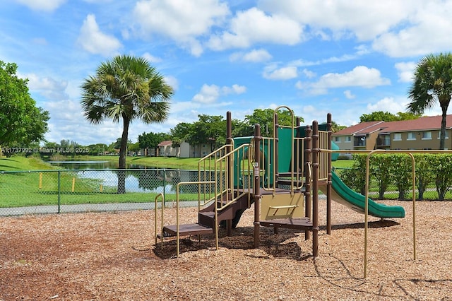 view of play area featuring a water view