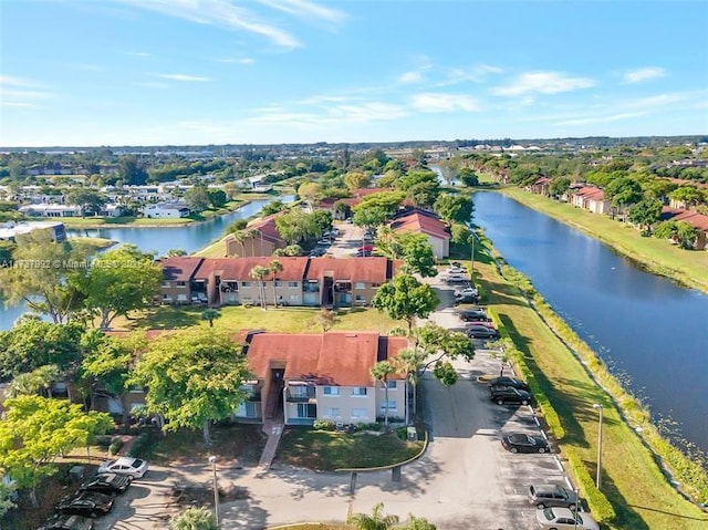 drone / aerial view with a water view