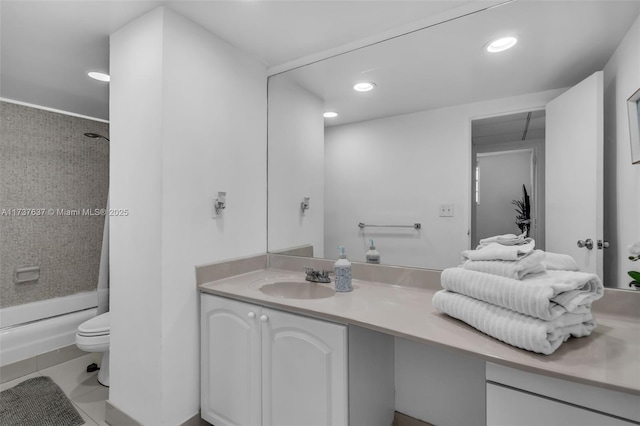 full bathroom with toilet, shower / bathing tub combination, recessed lighting, vanity, and tile patterned floors