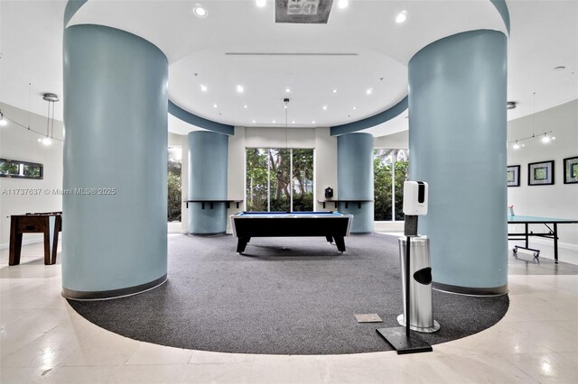 recreation room with pool table, a healthy amount of sunlight, and carpet floors