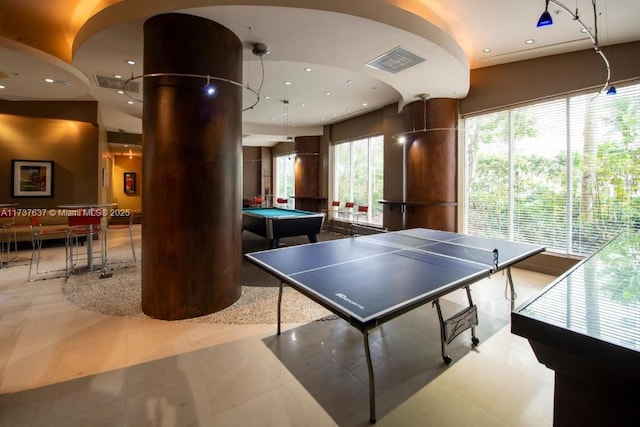 game room with pool table and tile patterned flooring