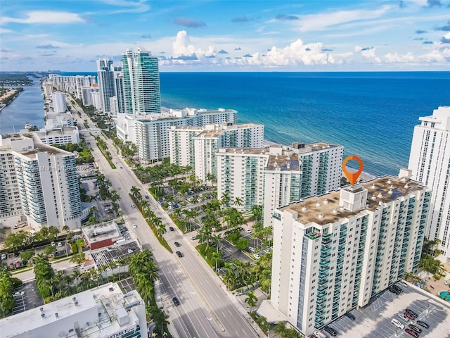 aerial view featuring a water view and a city view