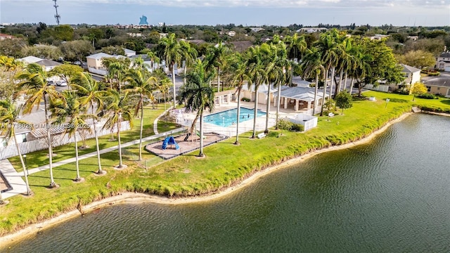 birds eye view of property featuring a water view