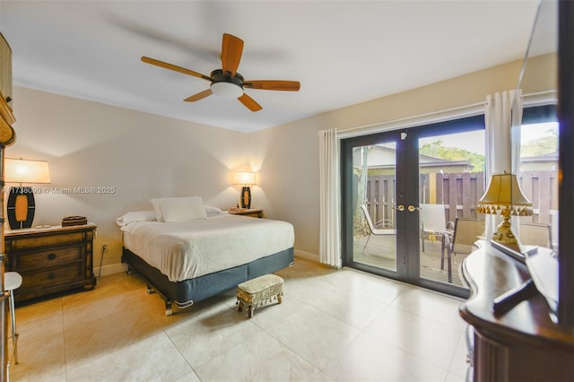 bedroom featuring access to exterior, light tile patterned floors, french doors, and ceiling fan