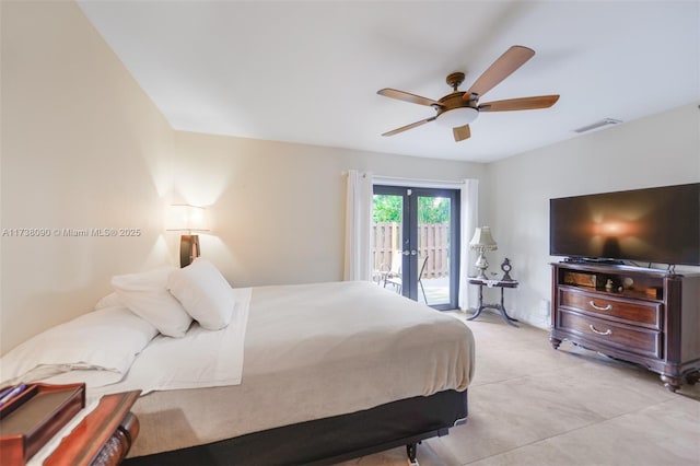 bedroom featuring french doors, ceiling fan, and access to outside