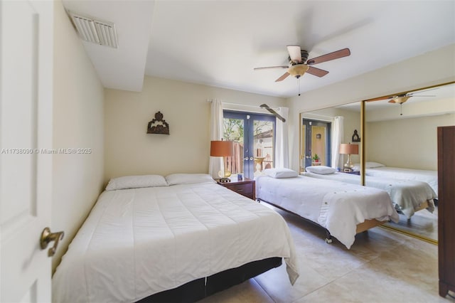 bedroom with ceiling fan and a closet