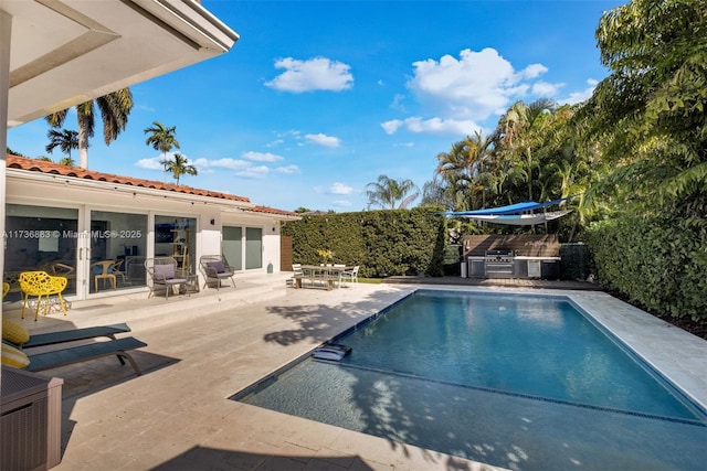 view of swimming pool with area for grilling and a patio