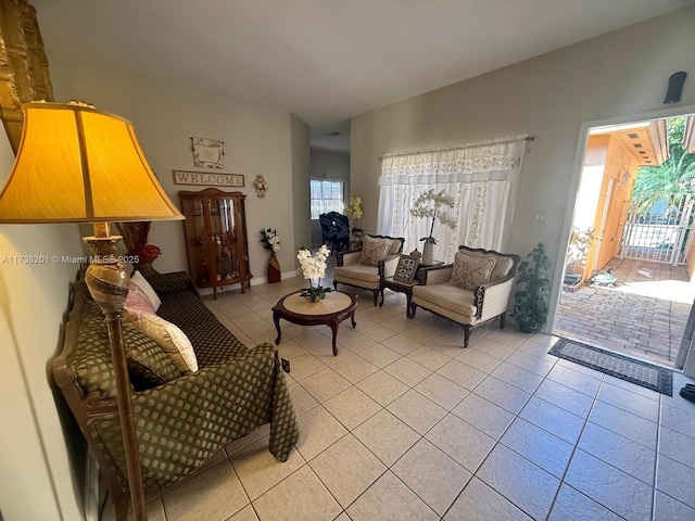 living area featuring light tile patterned floors