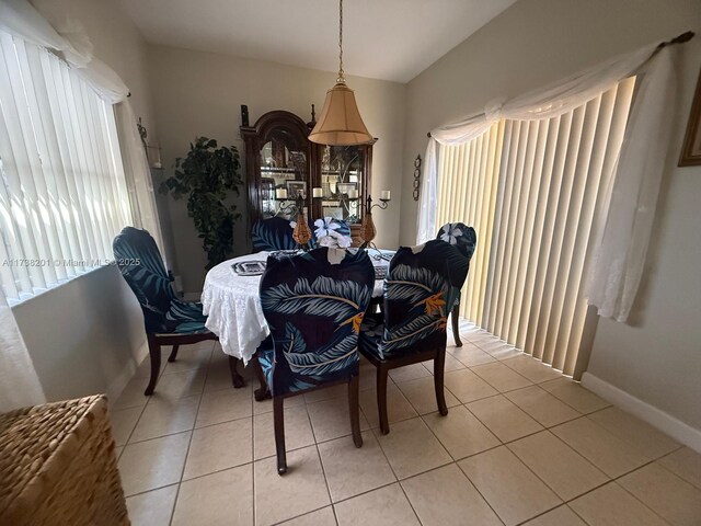 tiled dining area featuring plenty of natural light and vaulted ceiling