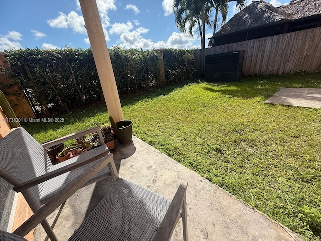 view of yard with a fenced backyard and a patio