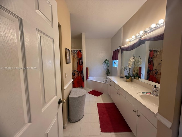 full bathroom with a shower with curtain, vanity, a bath, and tile patterned floors