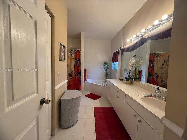 bathroom featuring a tub to relax in, vanity, a shower with shower curtain, and tile patterned floors