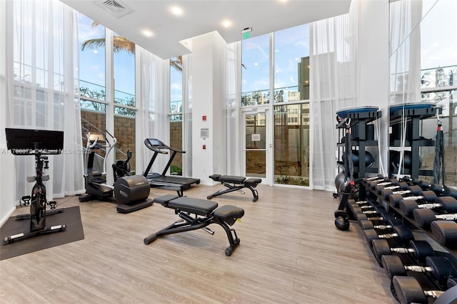 gym featuring expansive windows, a towering ceiling, and light hardwood / wood-style floors