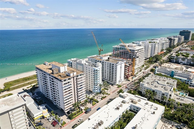 aerial view with a water view and a view of the beach