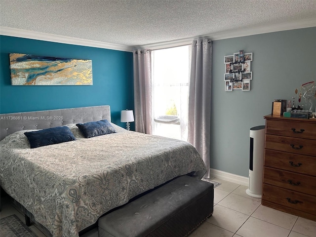 bedroom featuring light tile patterned floors, ornamental molding, and a textured ceiling