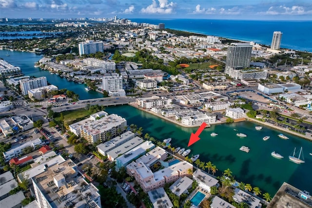 bird's eye view with a water view