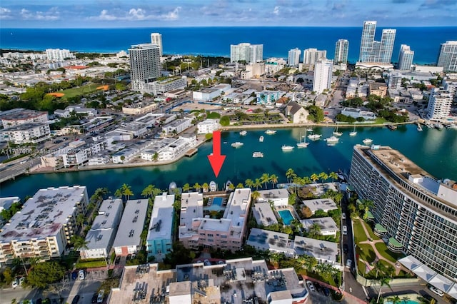 aerial view featuring a water view