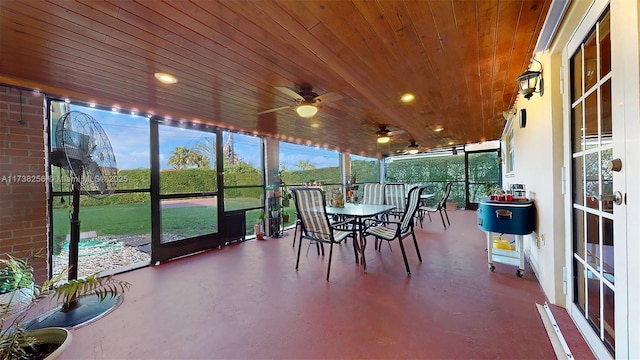 sunroom featuring ceiling fan and wooden ceiling
