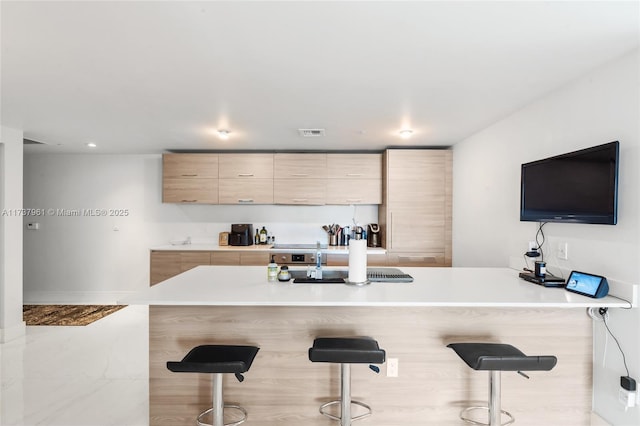 kitchen with light brown cabinetry and a breakfast bar area