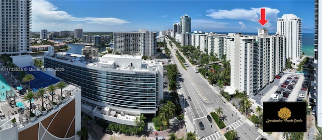 bird's eye view with a water view