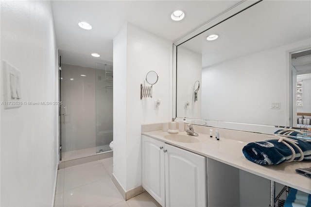 full bathroom featuring a stall shower, recessed lighting, toilet, and tile patterned floors