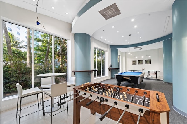 recreation room with recessed lighting and pool table