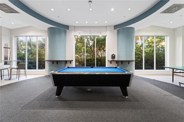 rec room with recessed lighting, pool table, visible vents, and plenty of natural light